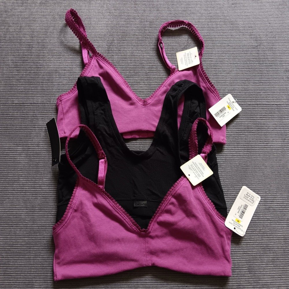 DKNY Bralette Bundle Womens M Purple Grey New 3 Pack Cotton Lace Triangle Scoop